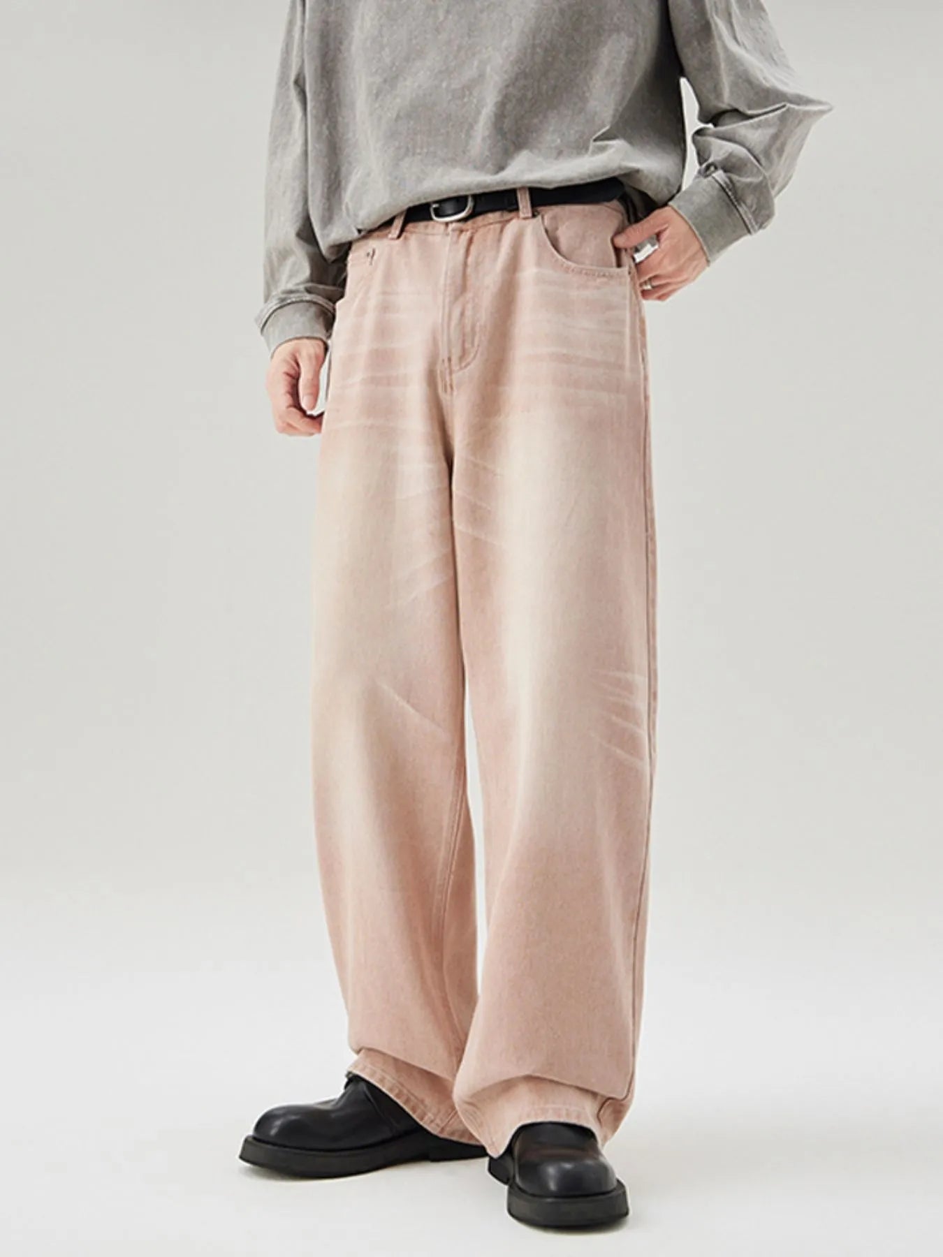 Men's Full Size Wide Leg Washed Baggy Jeans Plus Size Pink - Fashorio