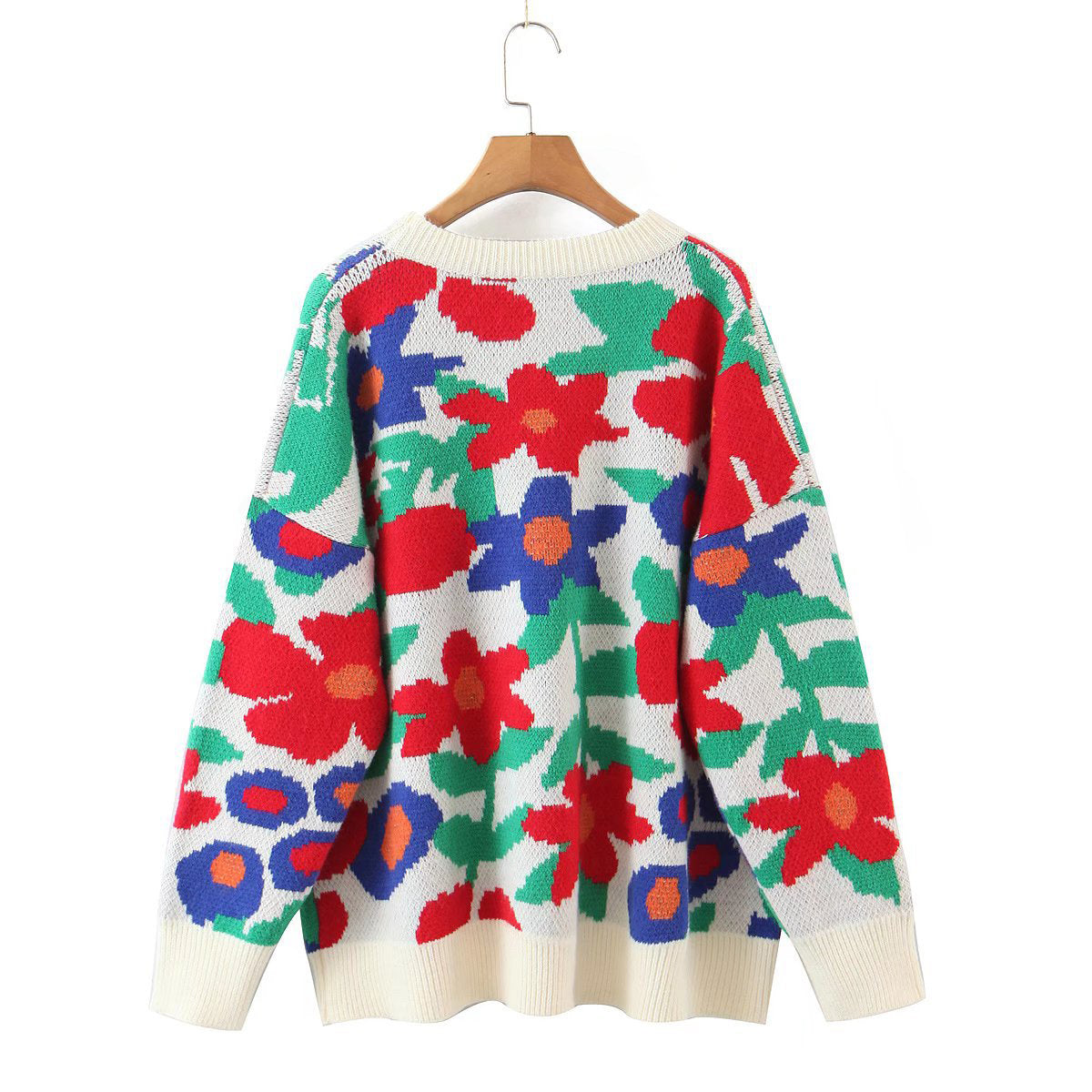 Floral Round Neck Drop Shoulder Sweater - Fashorio