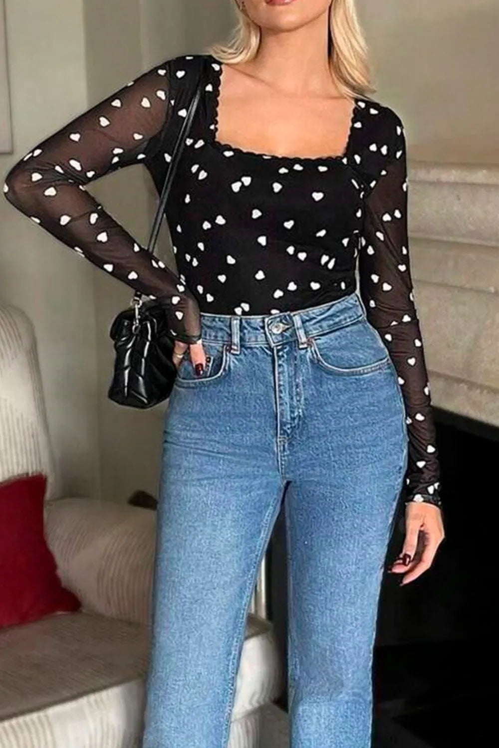 Heart Square Neck Long Sleeve Bodysuit - Fashorio