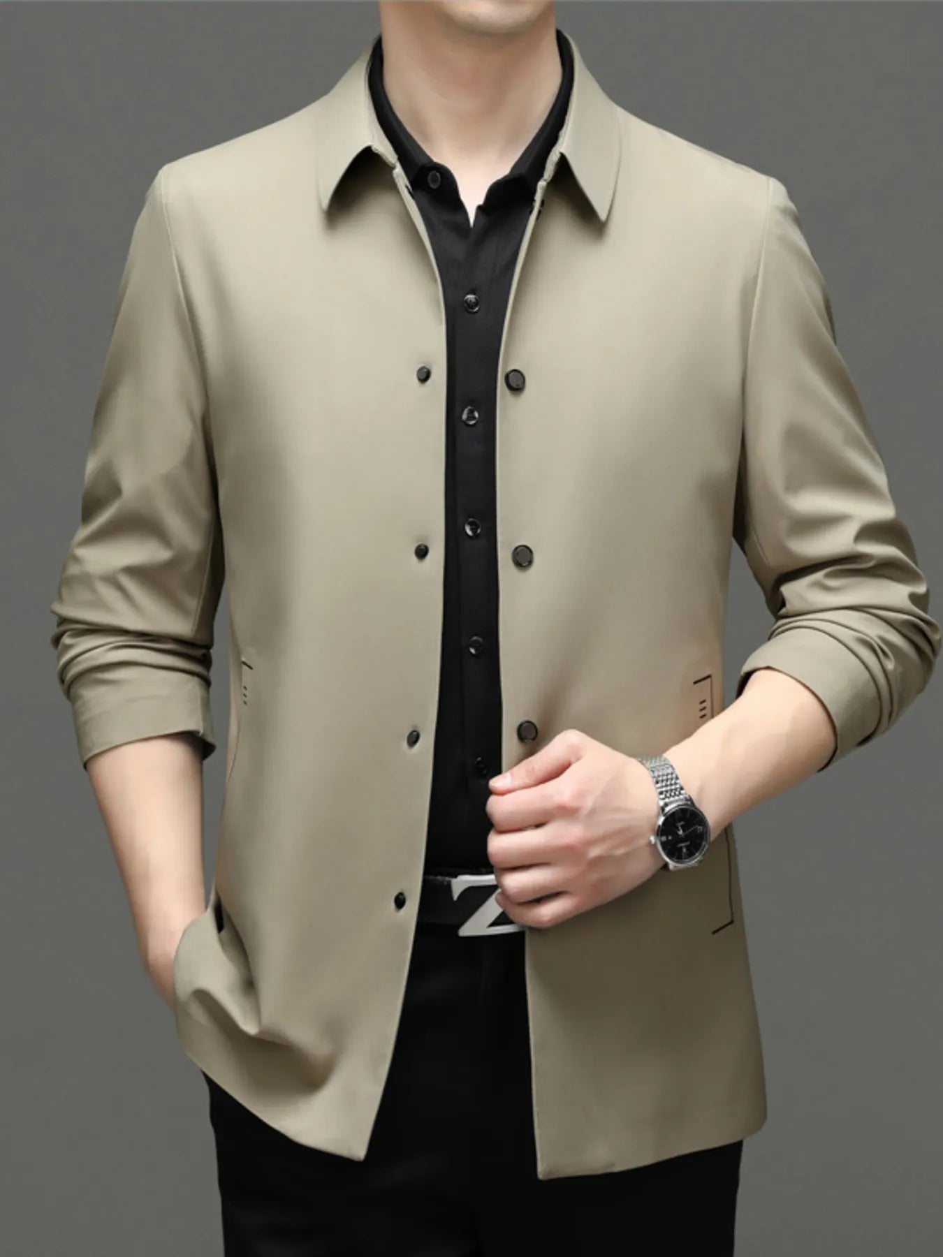 Men's Plus Size Button Up Long Sleeve Jacket Khaki - Fashorio