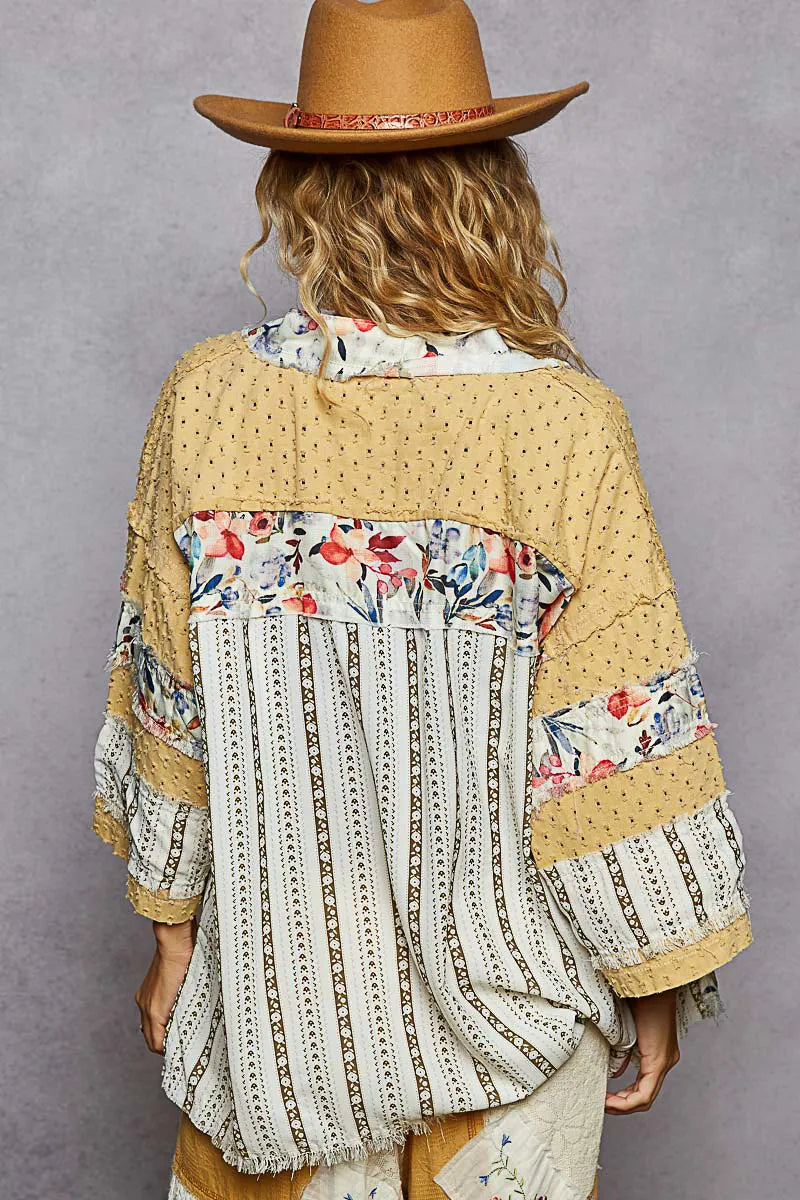 POL Raw Edge Open Front Patchwork Cardigan with Floral Trim - Fashorio
