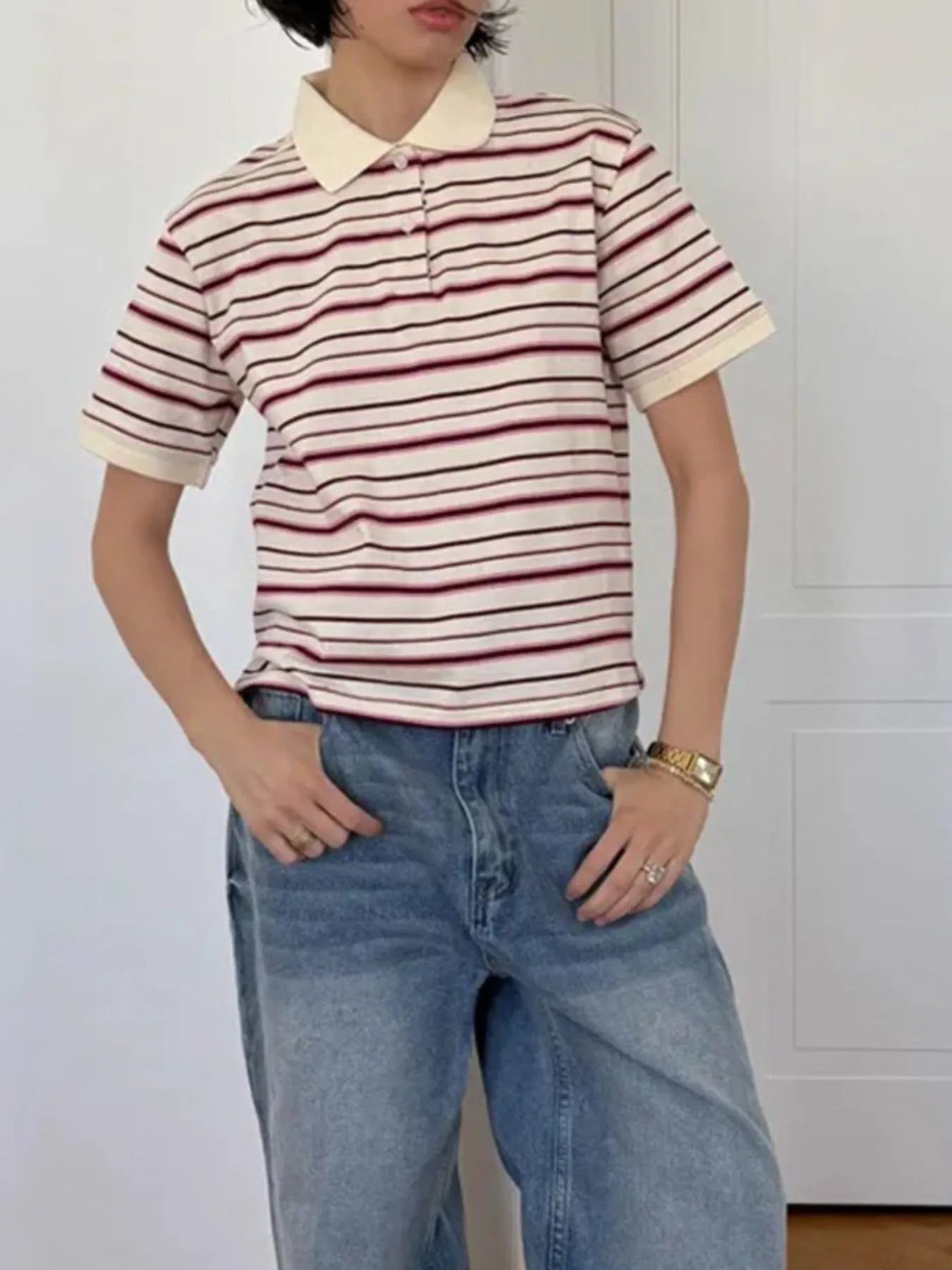 Striped Polo T-Shirt with Contrast Collar - Fashorio