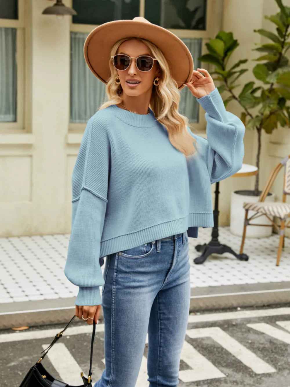 Round Neck Lantern Sleeve Sweater - Fashorio