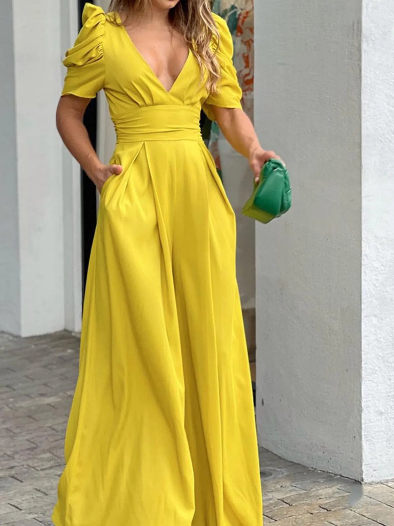 Full Size Cutout V-Neck Puff Sleeve Jumpsuit Plus Size Yellow - Fashorio