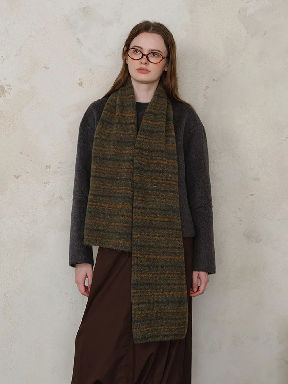 Striped Detail Knit Scarf Olive One Size - Fashorio