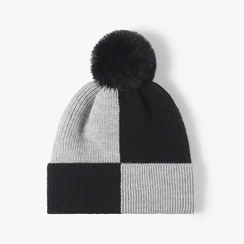 Color Block Knit Hat with Pom-pom Black One Size - Fashorio