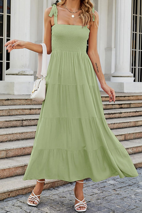 Tie-Shoulder Smocked Tiered Dress Light Green - Fashorio