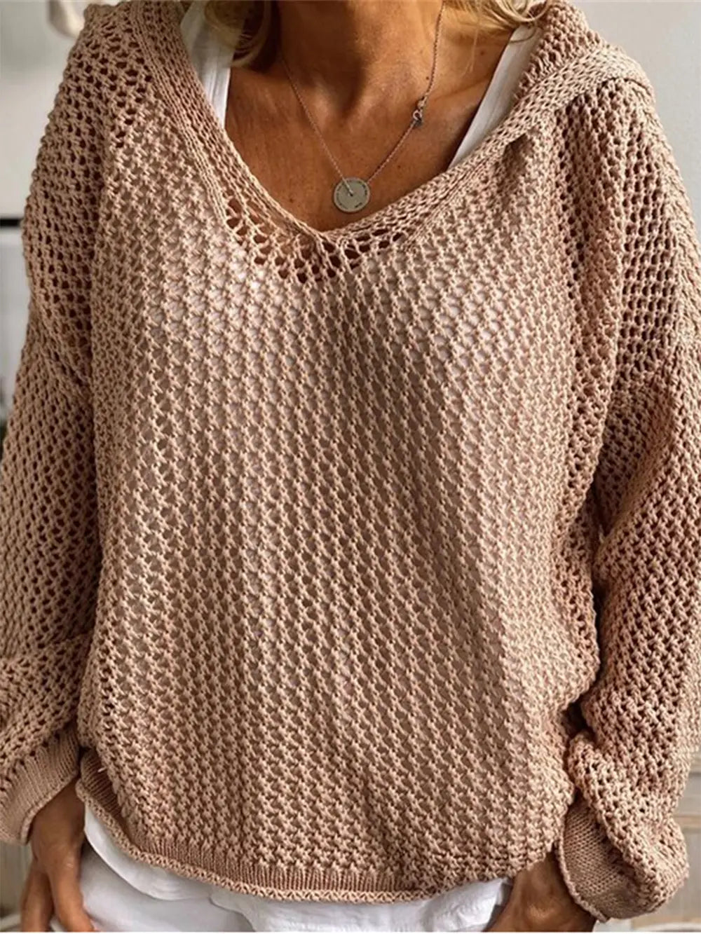 Openwork Hooded Long Sleeve Sweater - Fashorio