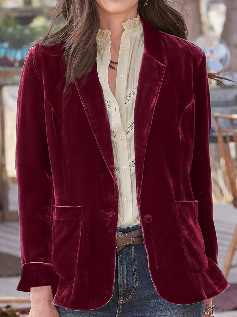 Pocketed Button Up Lapel Collar Blazer - Fashorio