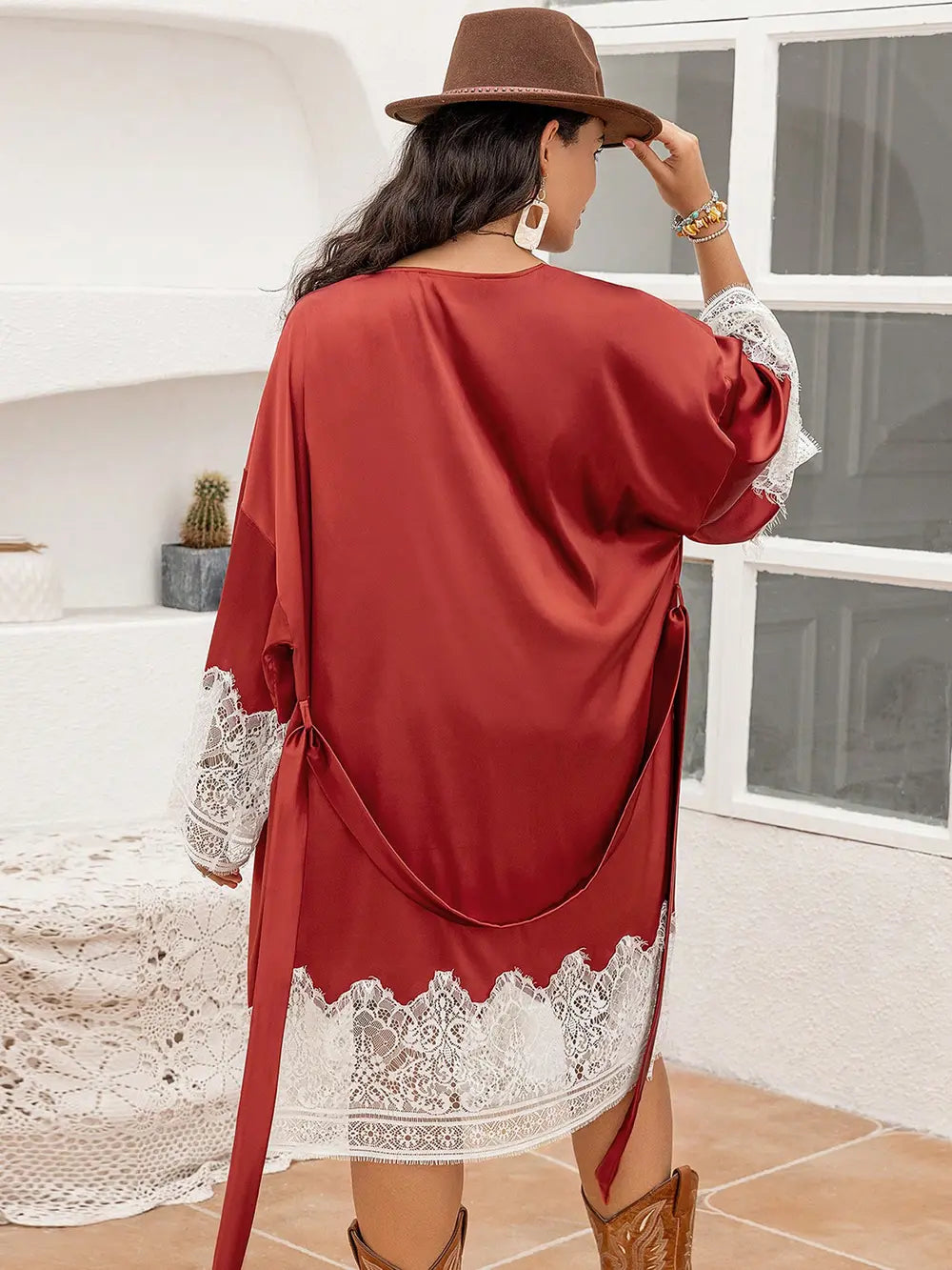 Plus Size Lace Patchwork Tie Front Robe - Fashorio