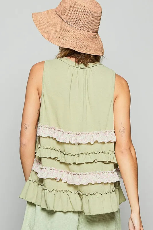 POL Ruffled Open Front Sleeveless Cardigan - Fashorio
