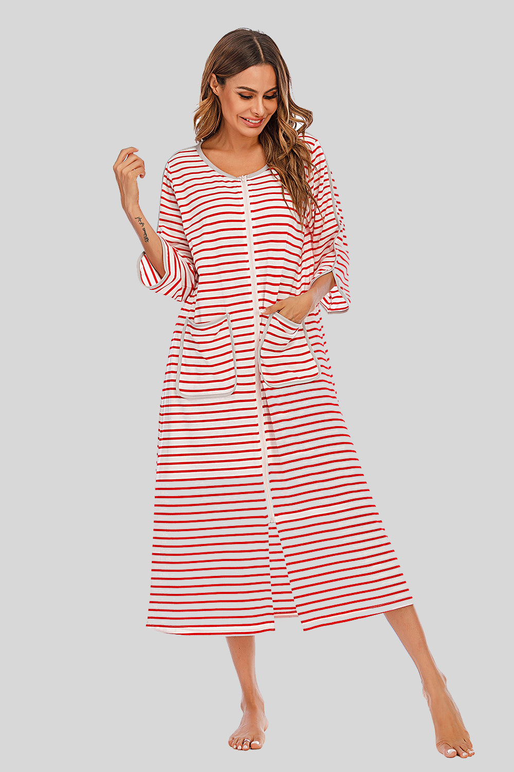 Round Neck Three-Quarter Sleeve Midi Night Dress Red - Fashorio