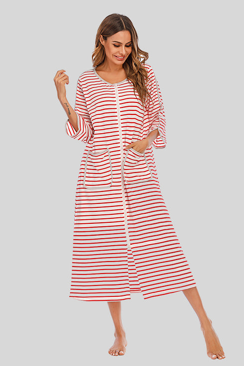Round Neck Three-Quarter Sleeve Midi Night Dress Red - Fashorio