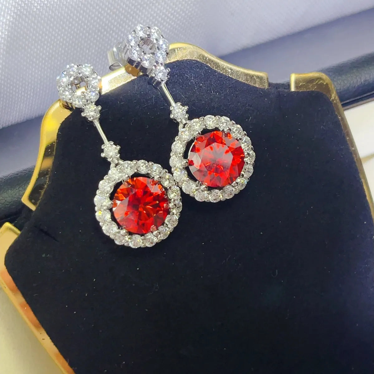 4 Carat Ruby Red Crystal Drop Earrings with Rhinestone Halo - Fashorio