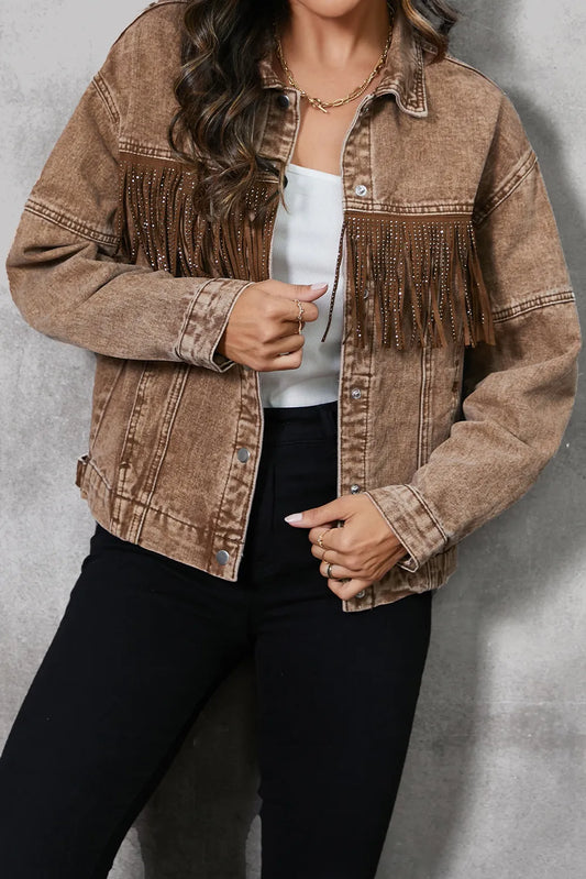 Fringe Trim Snap Down Denim Jacket Taupe - Fashorio
