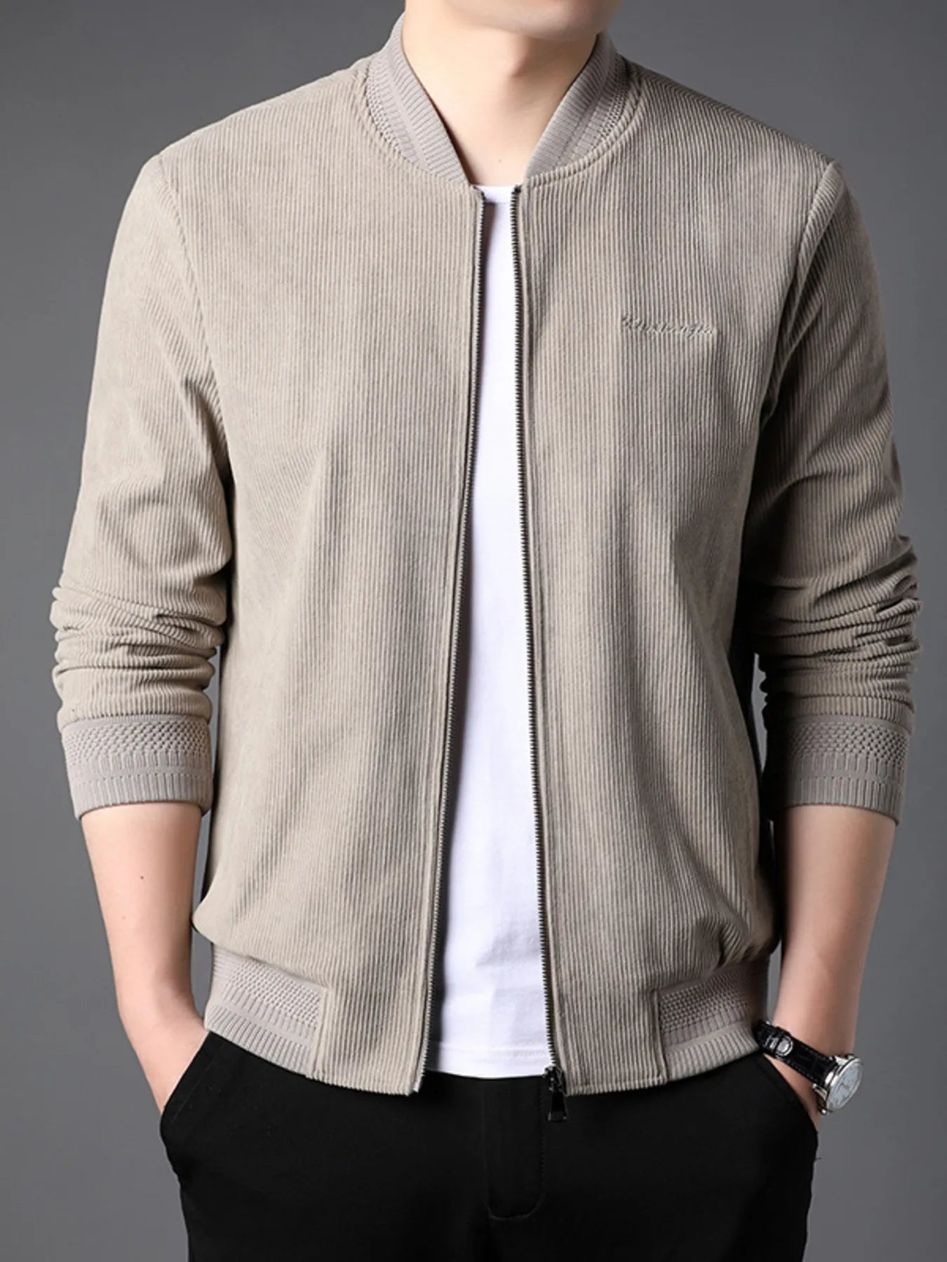 Men's Zip Up Long Sleeve Jacket Khaki - Fashorio
