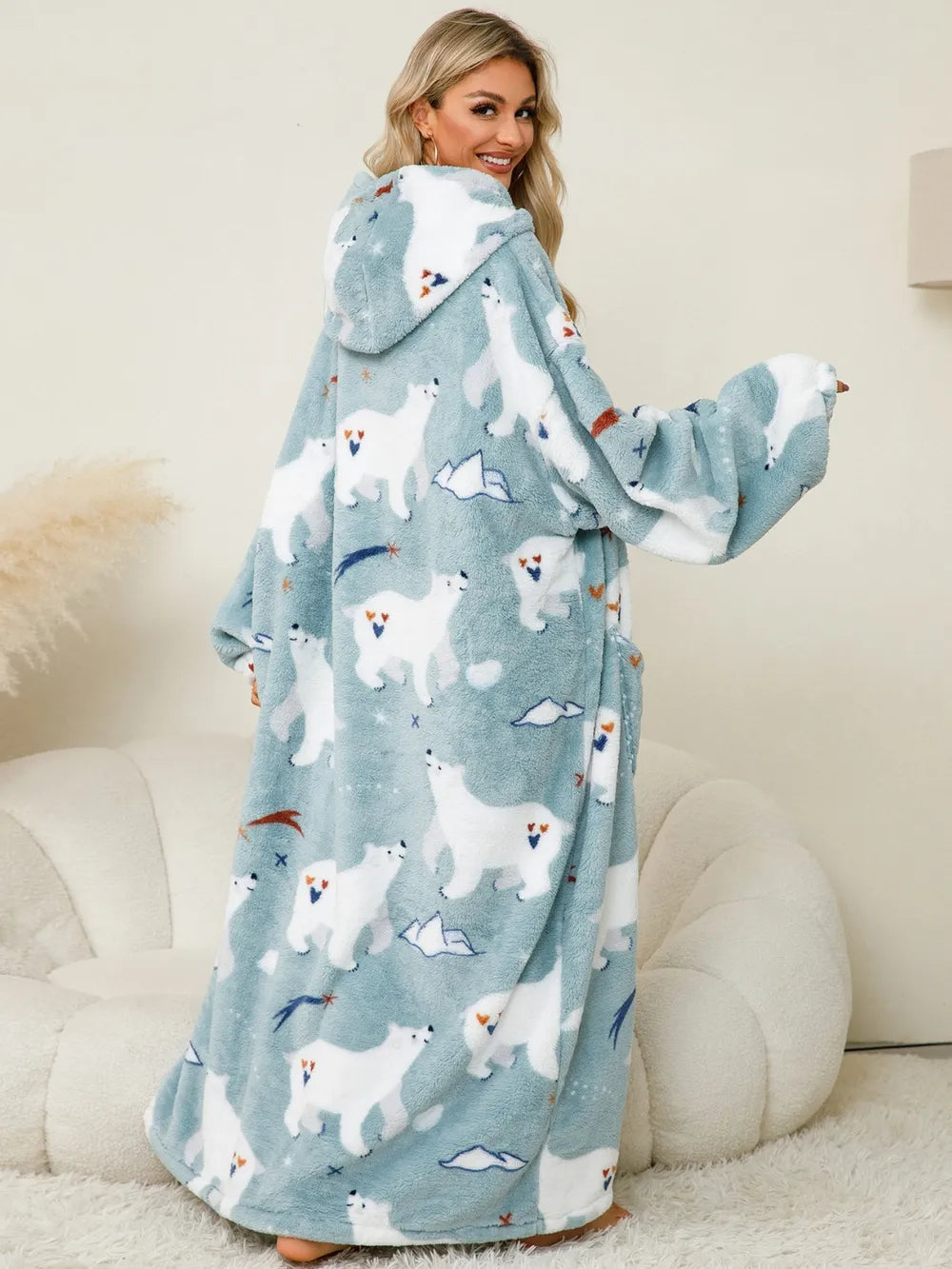 Fuzzy Pocketed Long Sleeve Hooded Lounge Dress - Fashorio