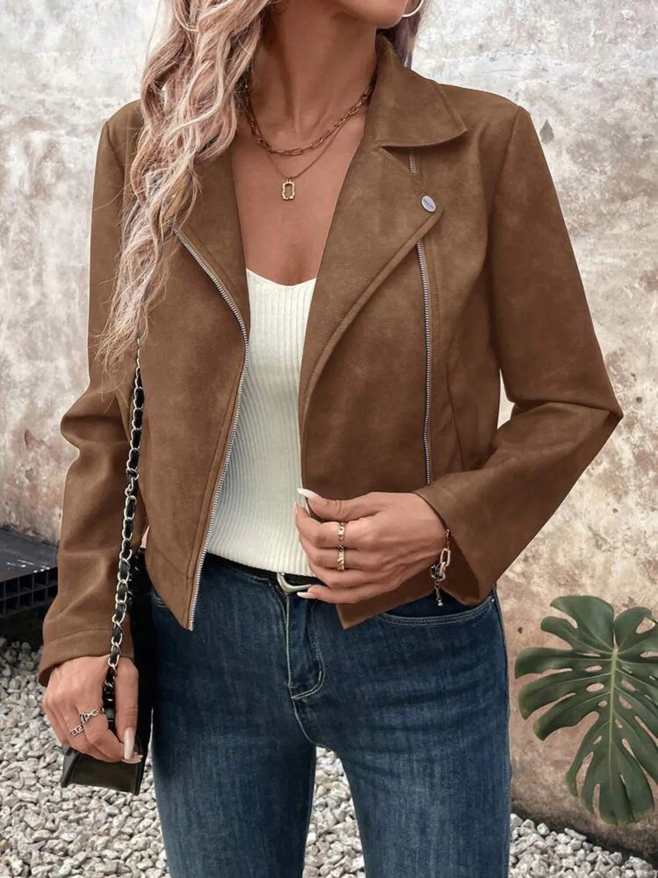 Zip Up Suede Cropped Moto Jacket Brown - Fashorio