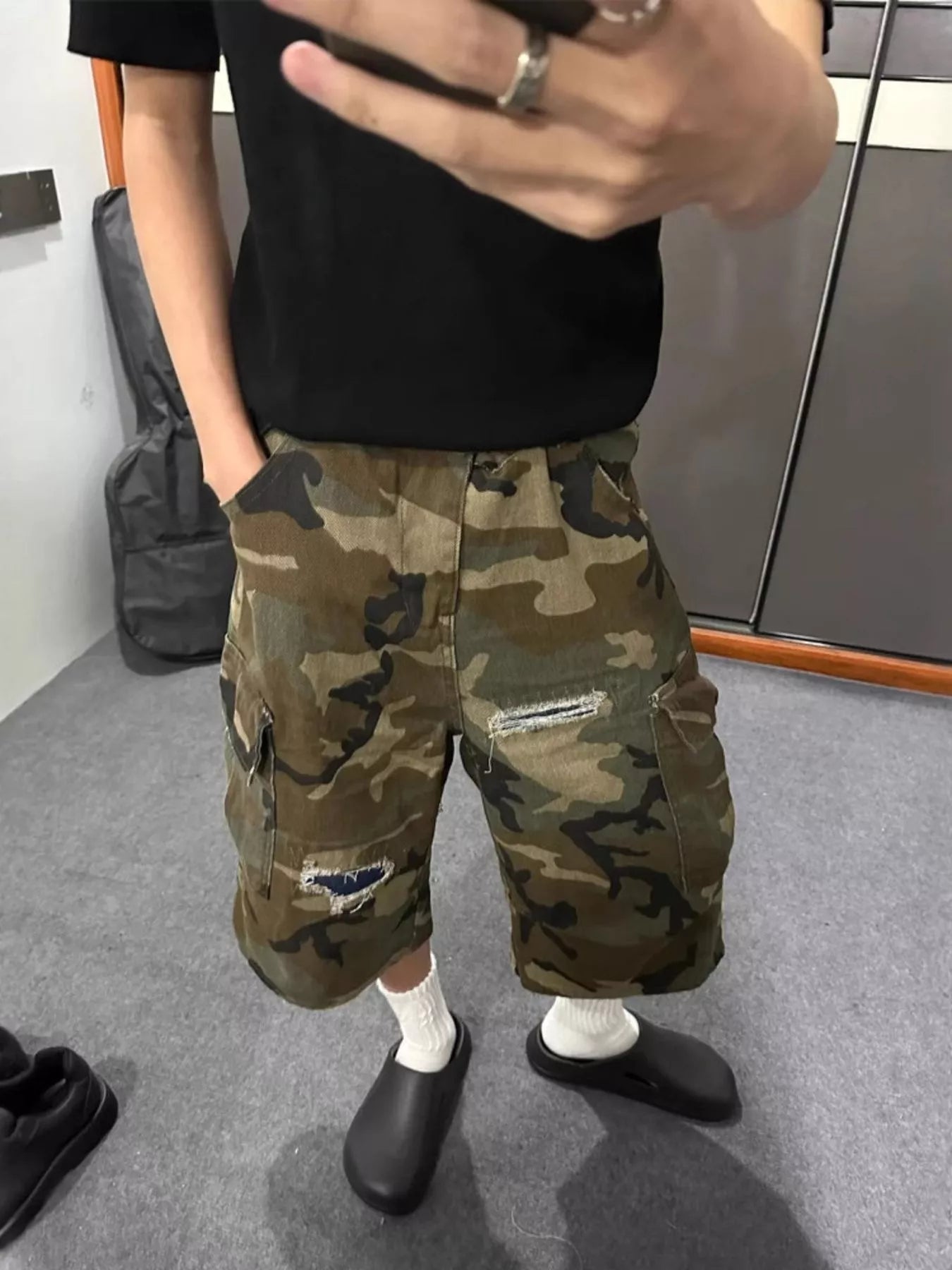 Men's Full Size Camouflage Cargo Denim Shorts with Distressed Details Plus Size - Fashorio
