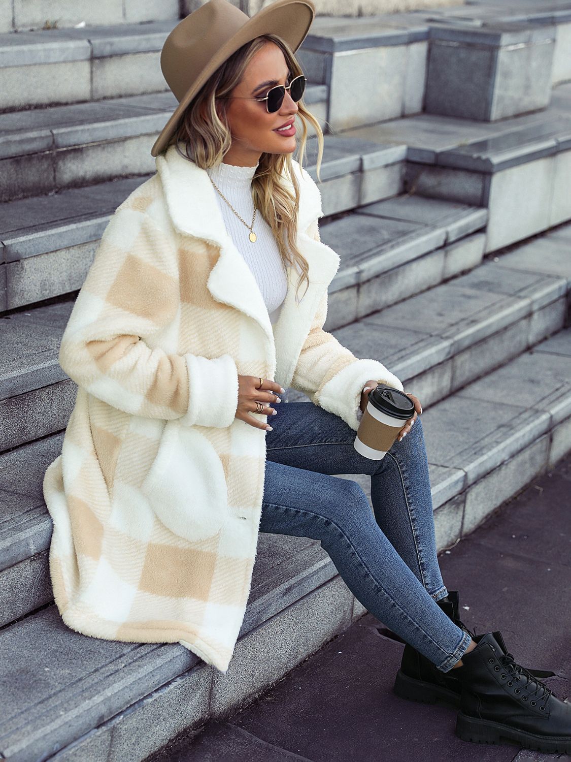 Plaid Button Down Coat with Pockets - Fashorio