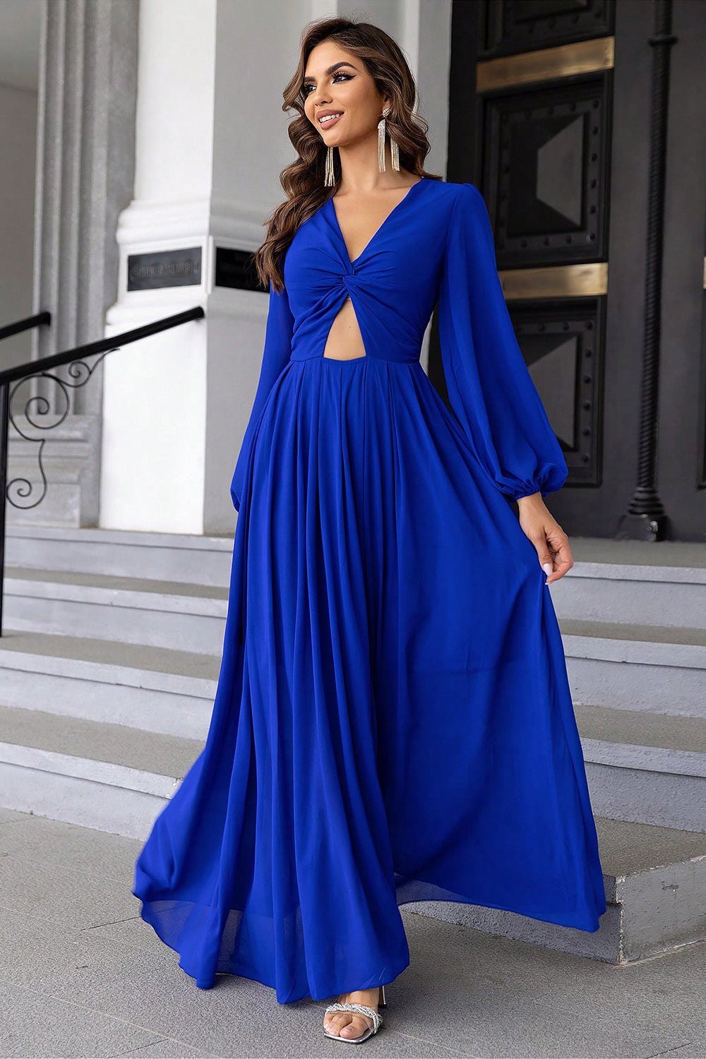 Twist Front Cutout Long Sleeve Dress - Fashorio
