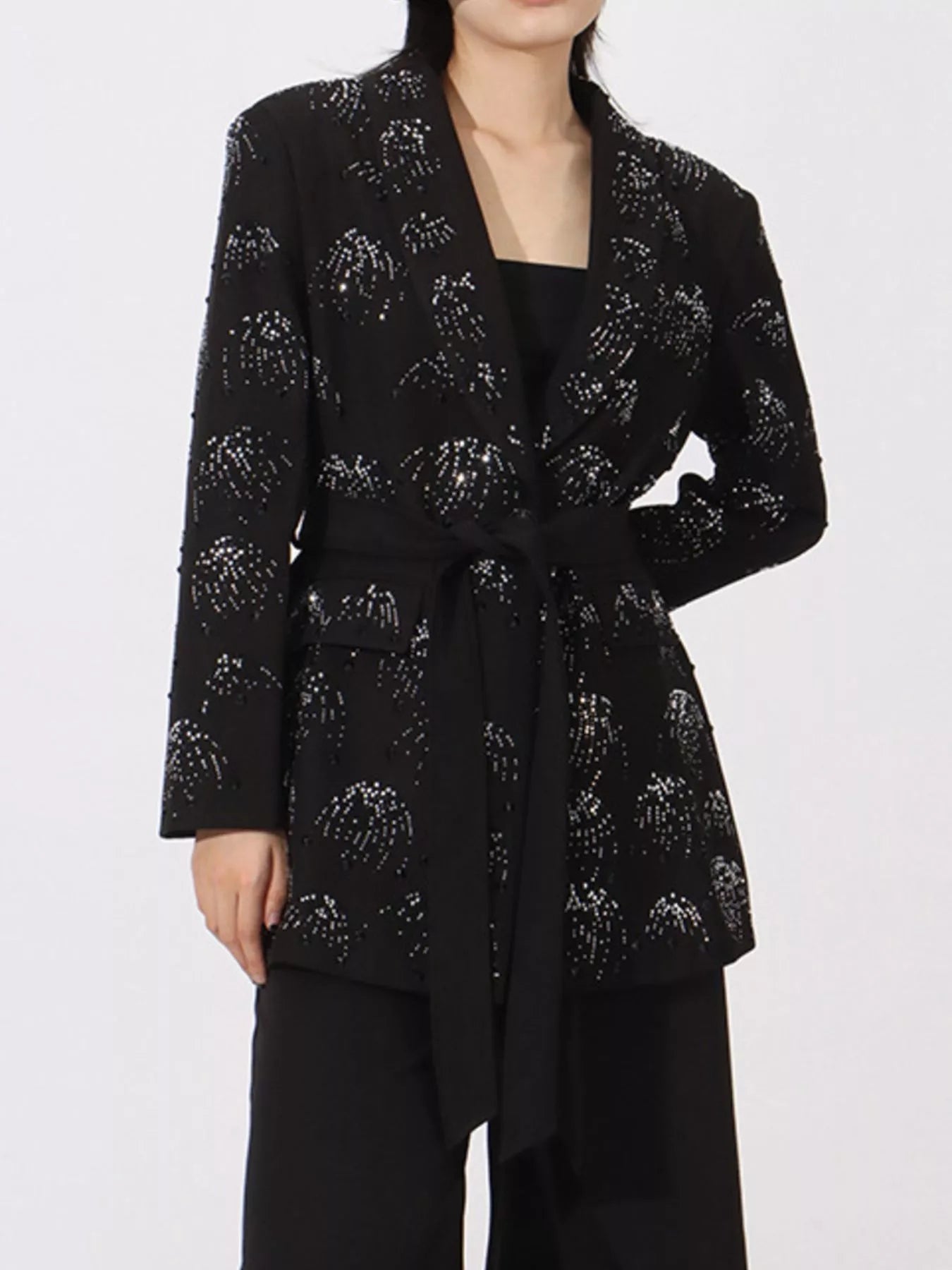Rhinestone Button Down Long Sleeve Blazer - Fashorio
