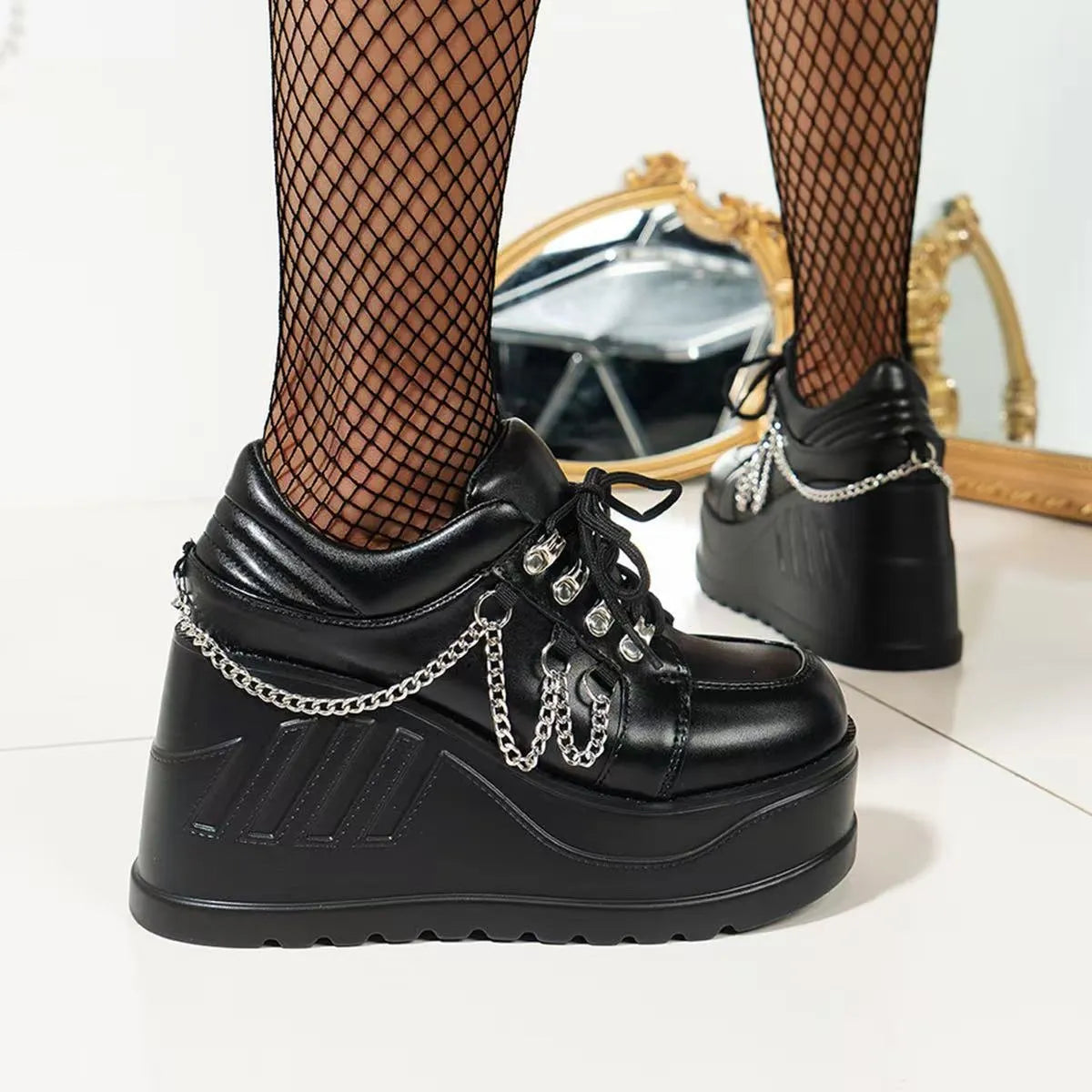 Lace Up Wedge Sneakers Black - Fashorio