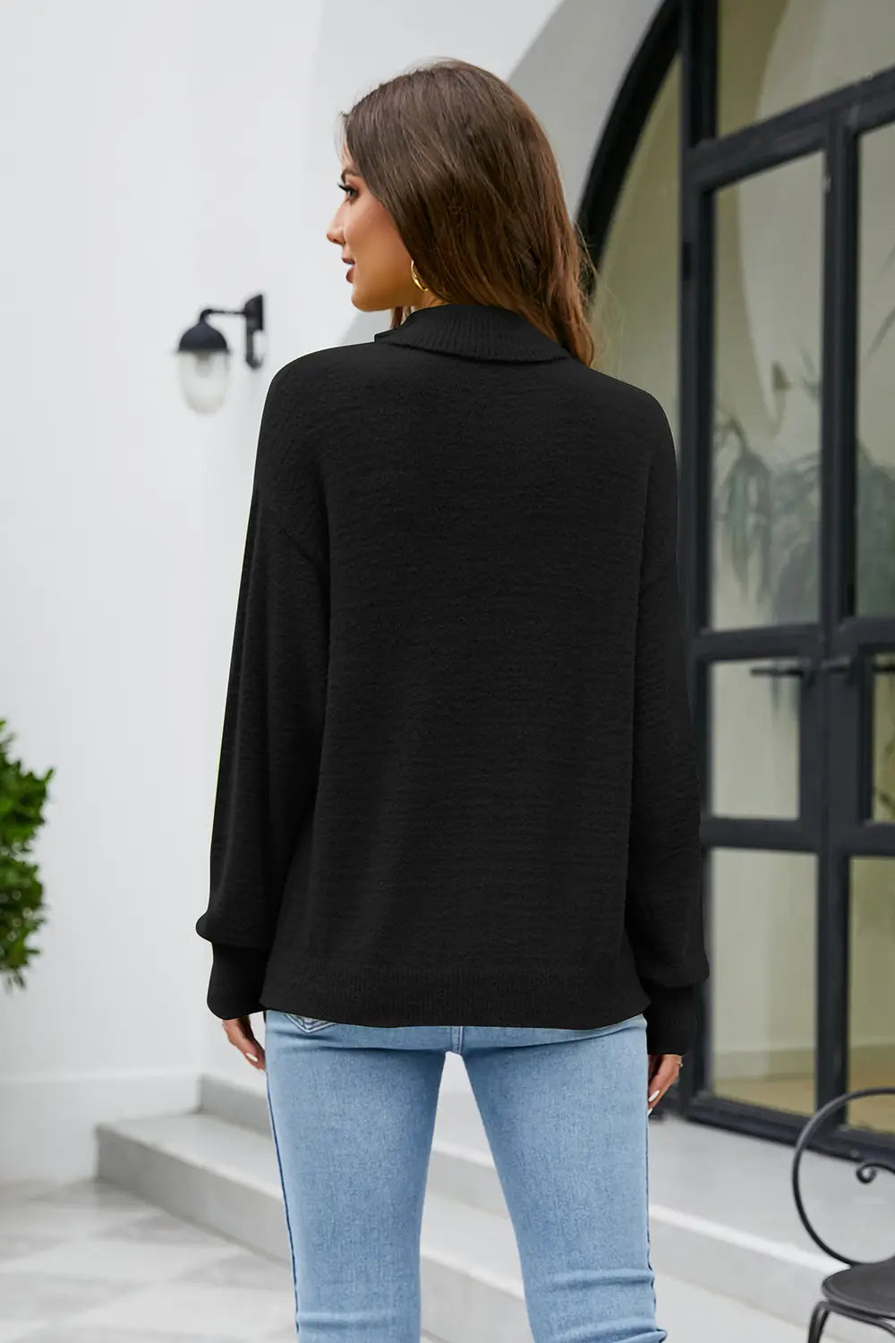 Mock Neck Dropped Shoulder Long Sleeve Sweater - Fashorio