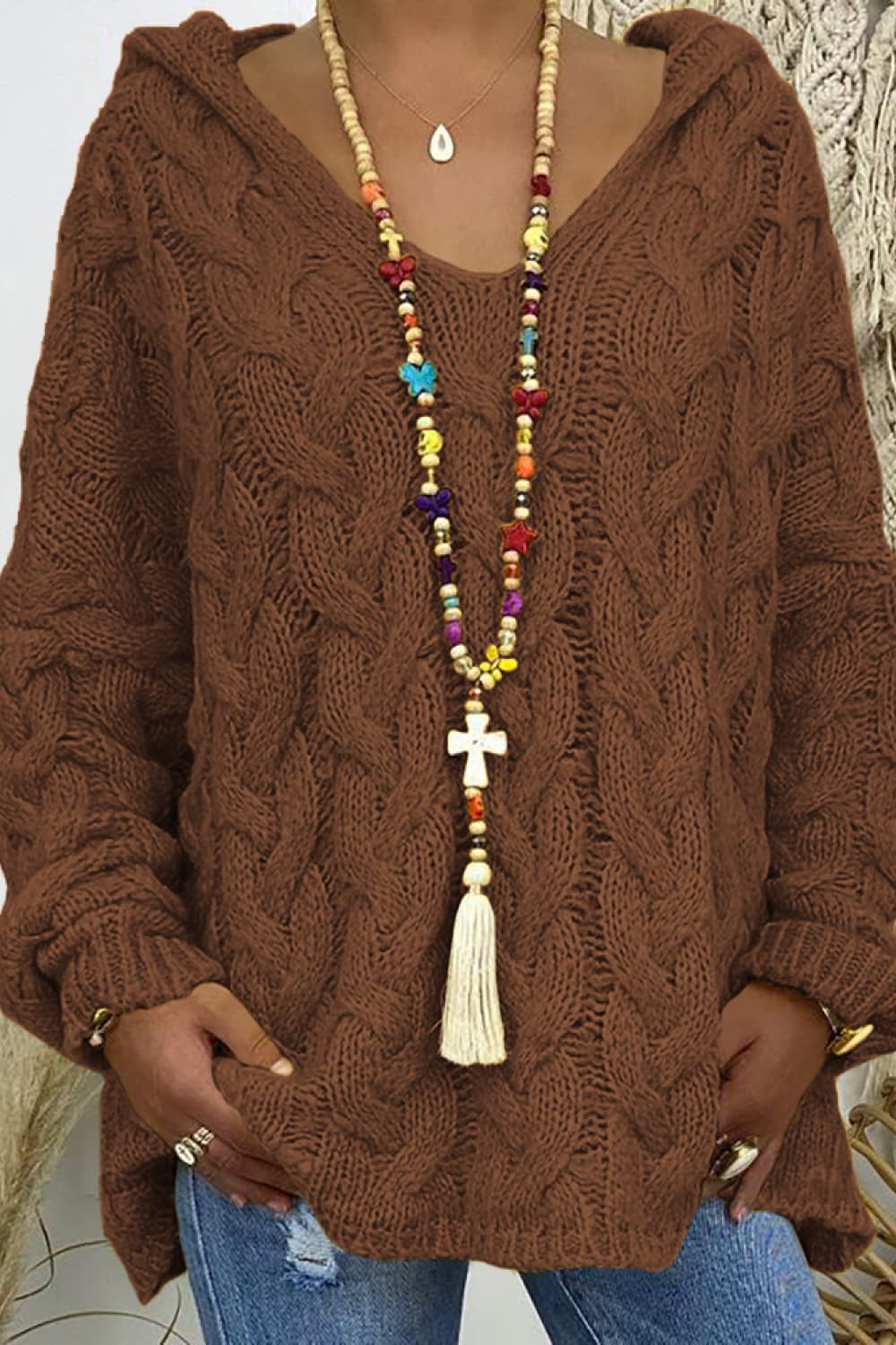 Cable-Knit Hooded Sweater - Fashorio
