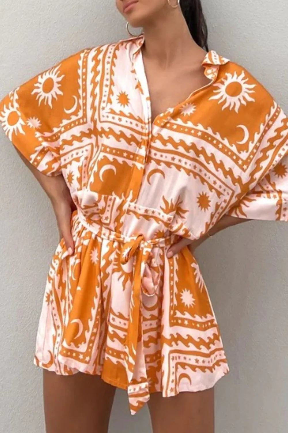 Printed Tie Waist Romper - Fashorio
