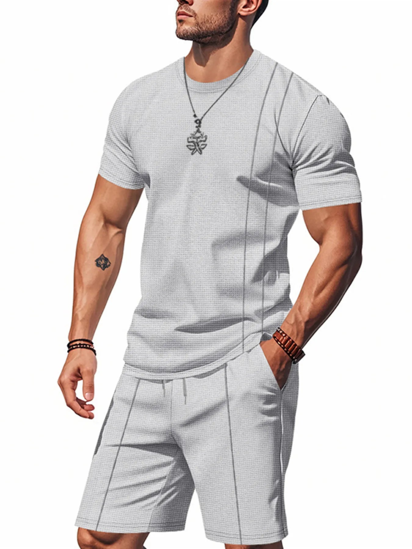 Men's Full Size Round Neck Short Sleeve Top and Shorts Set Plus Size Light Gray - Fashorio