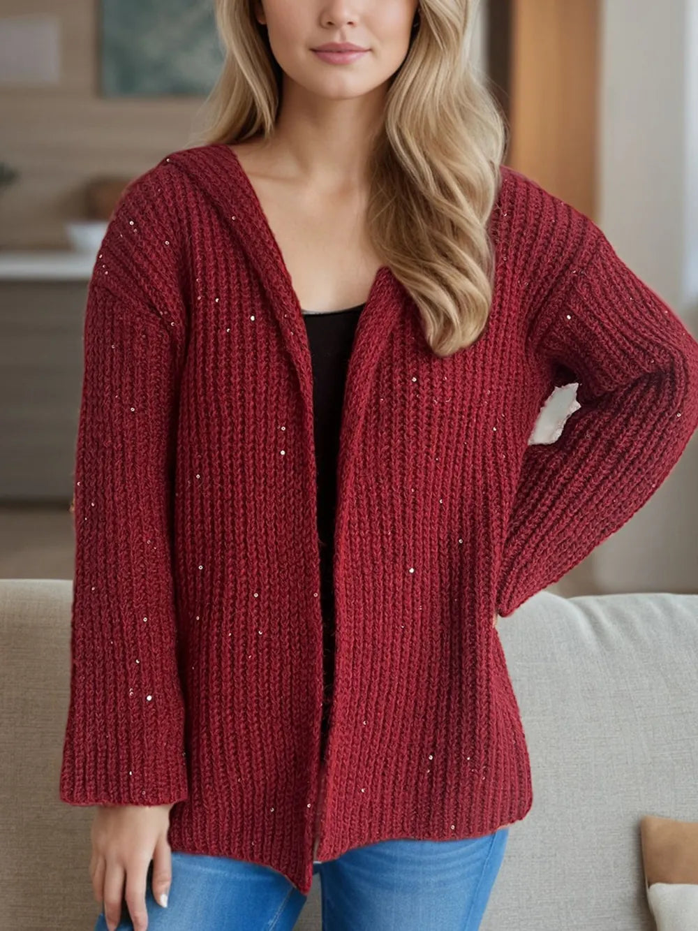 Sequin Detail Long Sleeve Hooded Cardigan - Fashorio