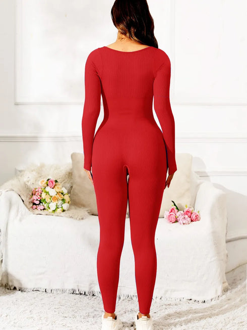 Scoop Neck Long Sleeve Active Jumpsuit - Fashorio
