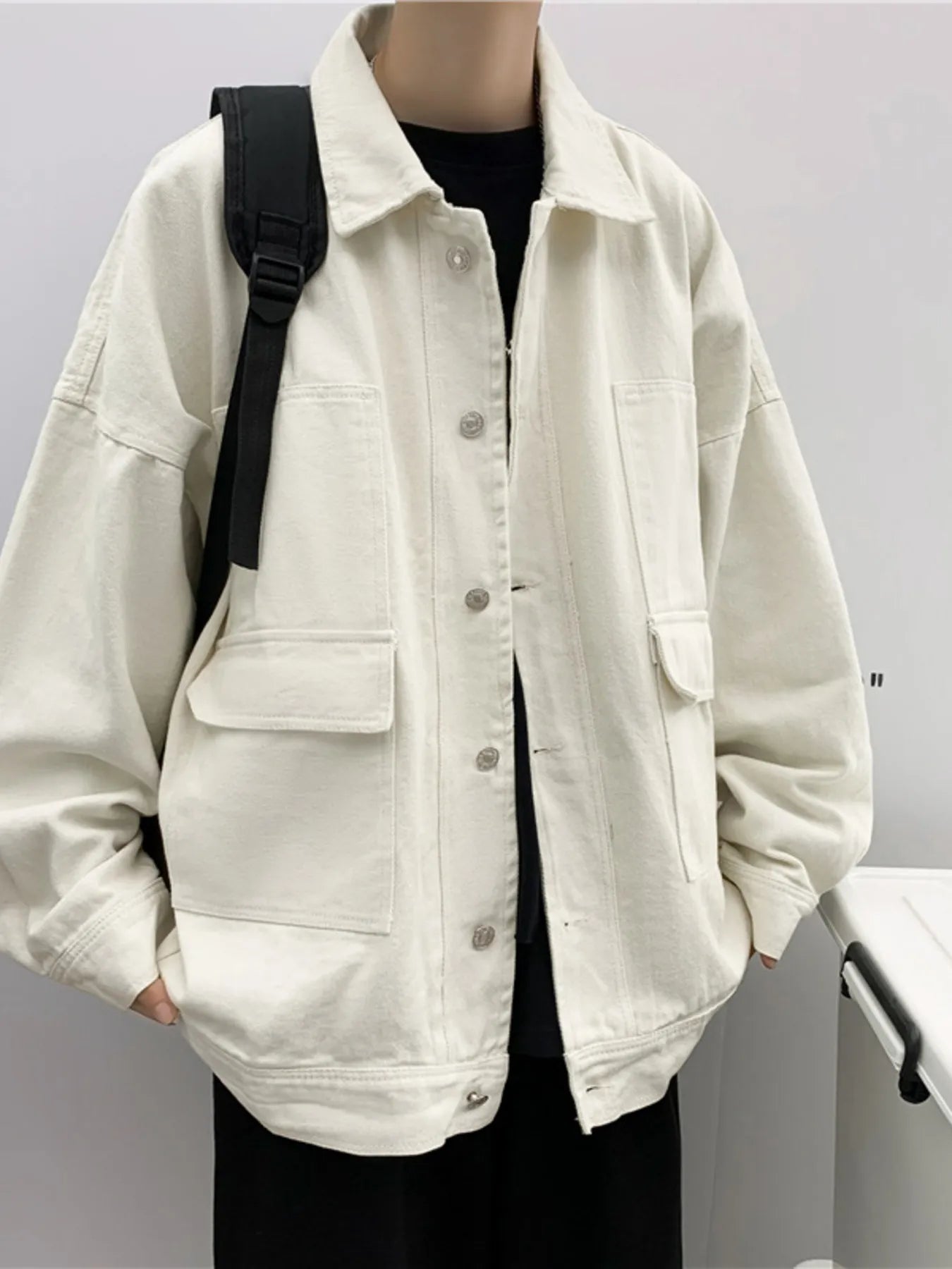 Men's Button Up Drop Shoulder Denim Jacket Beige - Fashorio