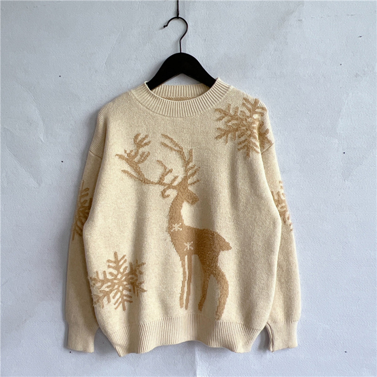 Reindeer and Snowflake Pattern Sweater Pastel Yellow - Fashorio