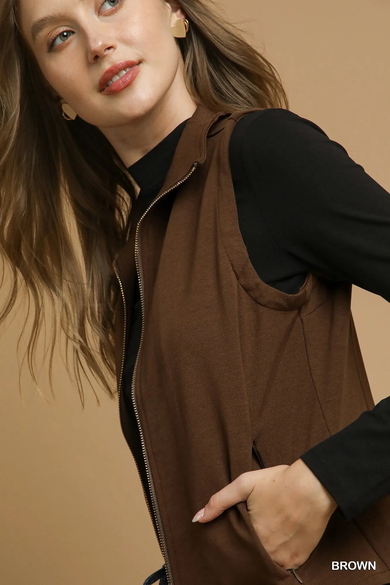Umgee Zip-Front Fitted Vest with Pockets - Fashorio