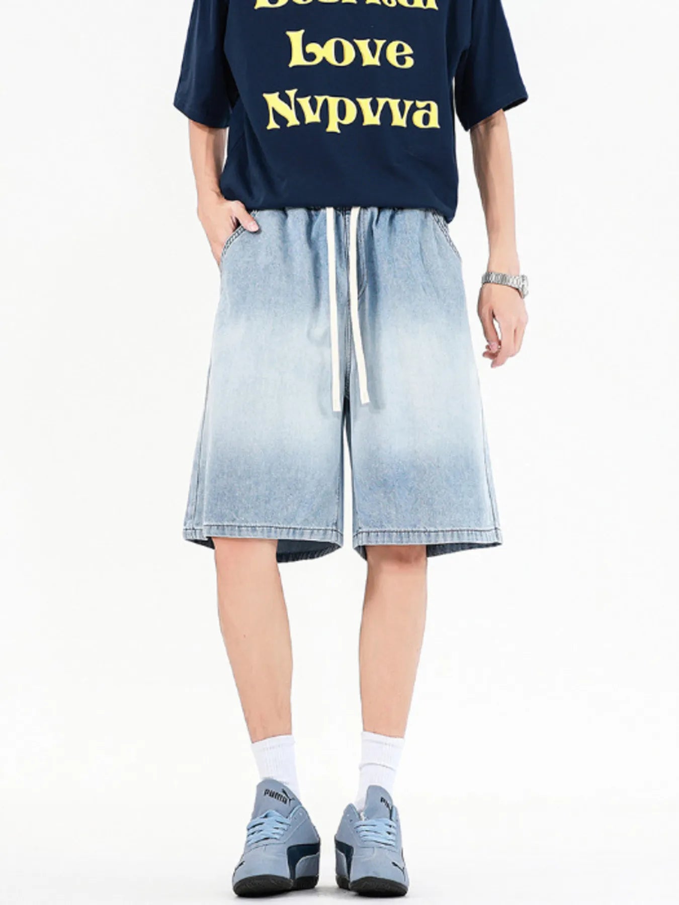 Men's Full Size Drawstring Loose Fit Denim Shorts Plus Size Light Blue - Fashorio