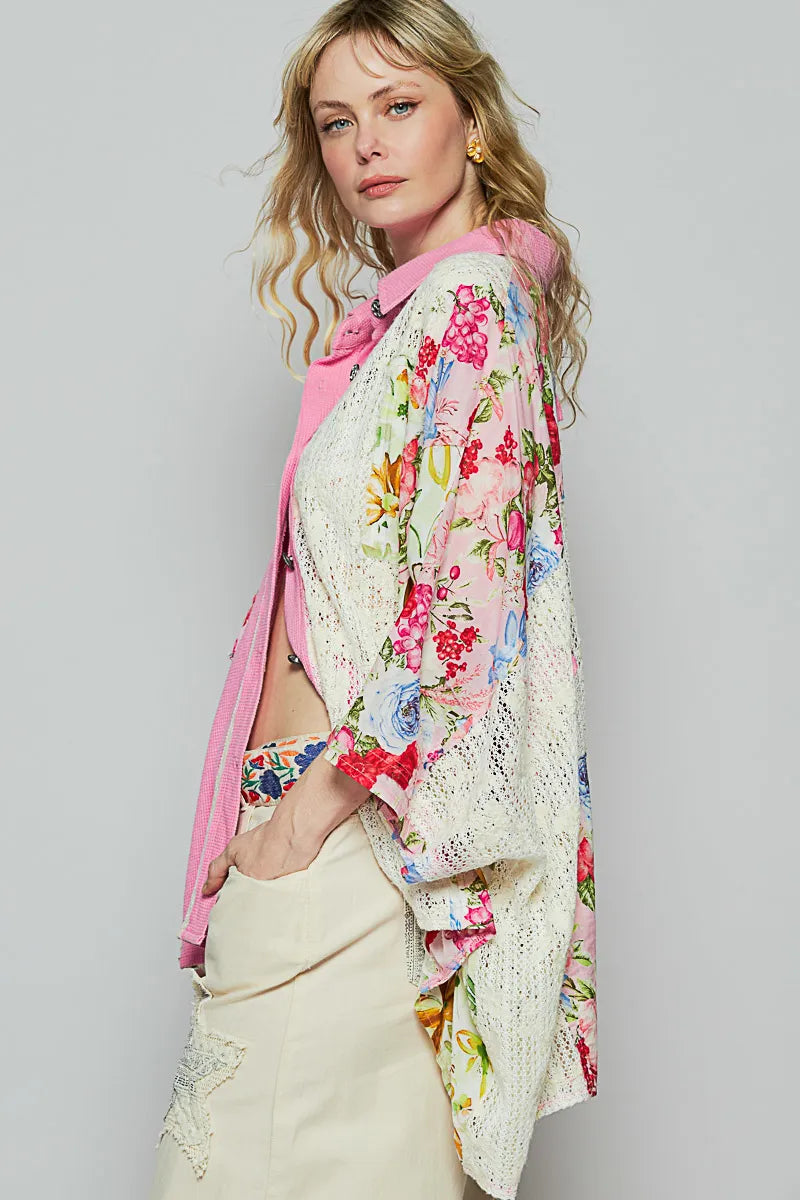 POL Thermal and Crochet Lace Mix Shirt with Floral Pattern - Fashorio