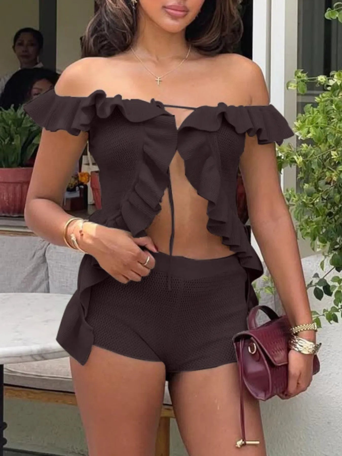 Off-Shoulder Ruffle Top and Shorts Sweater Set - Fashorio