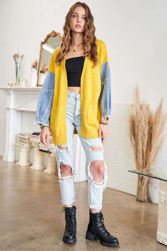 ADORA Full Size Frayed Denim Sleeve Sweater Cardigan Plus Size - Fashorio