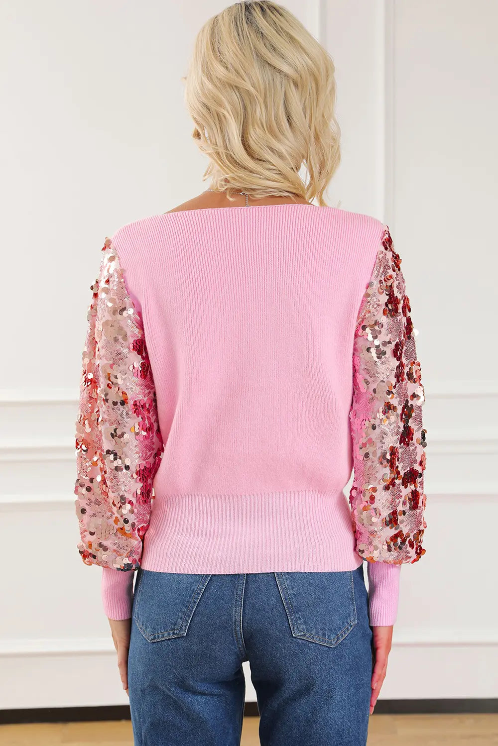 Sequin Long Sleeve V-Neck Sweater - Fashorio