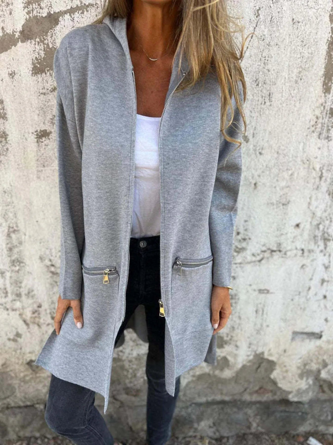 Full Size Zip Up Long Sleeve Hooded Outerwear Plus Size - Fashorio