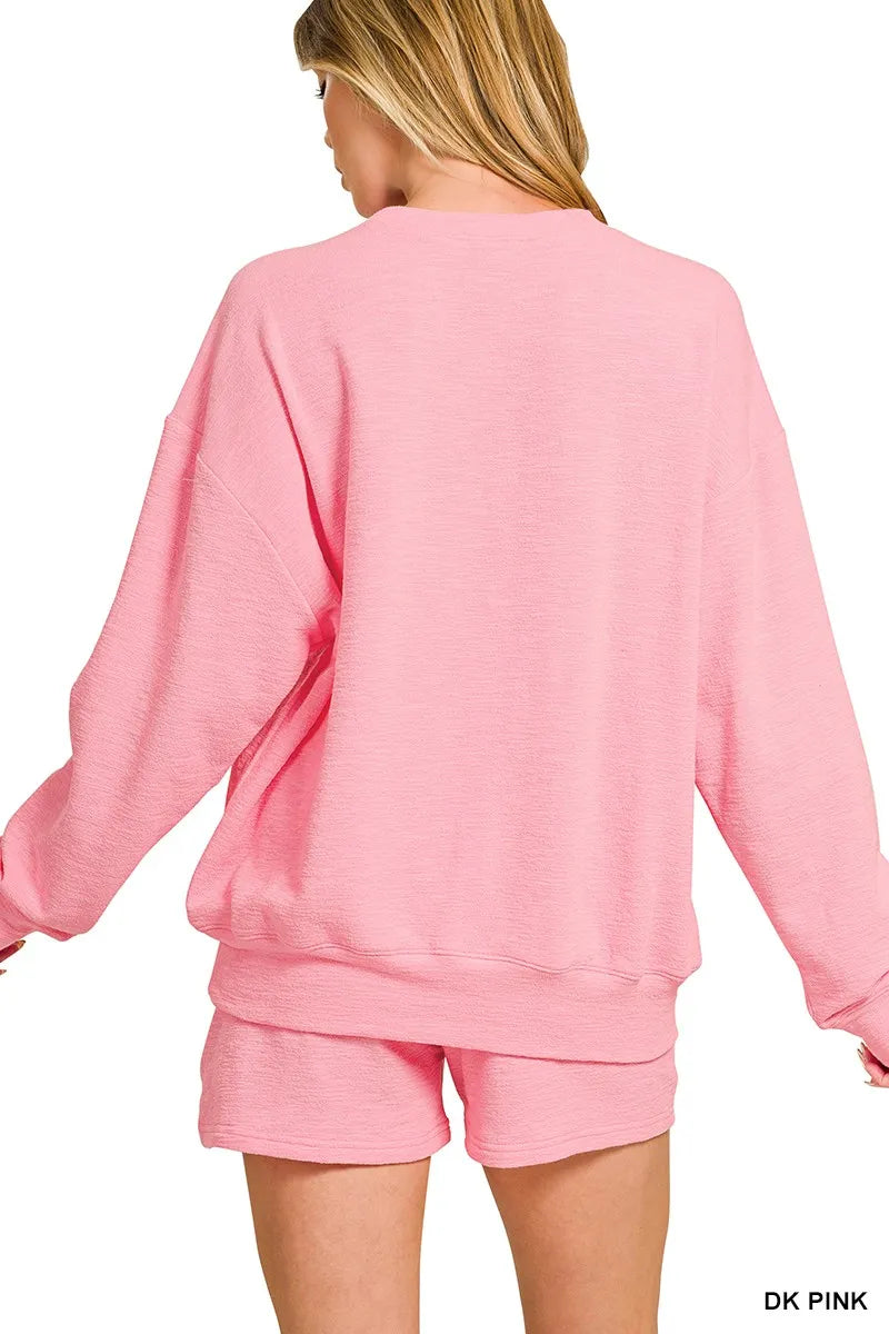 Zenana Slub Long Sleeve Top and Shorts Set - Fashorio
