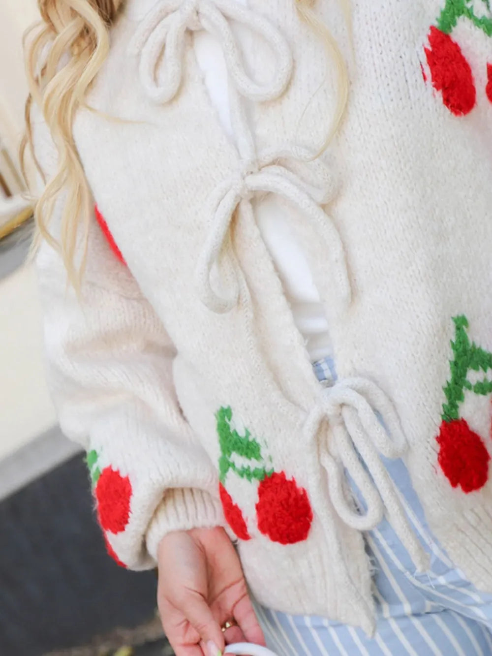 Tied Cherry Round Neck Long Sleeve Cardigan - Fashorio