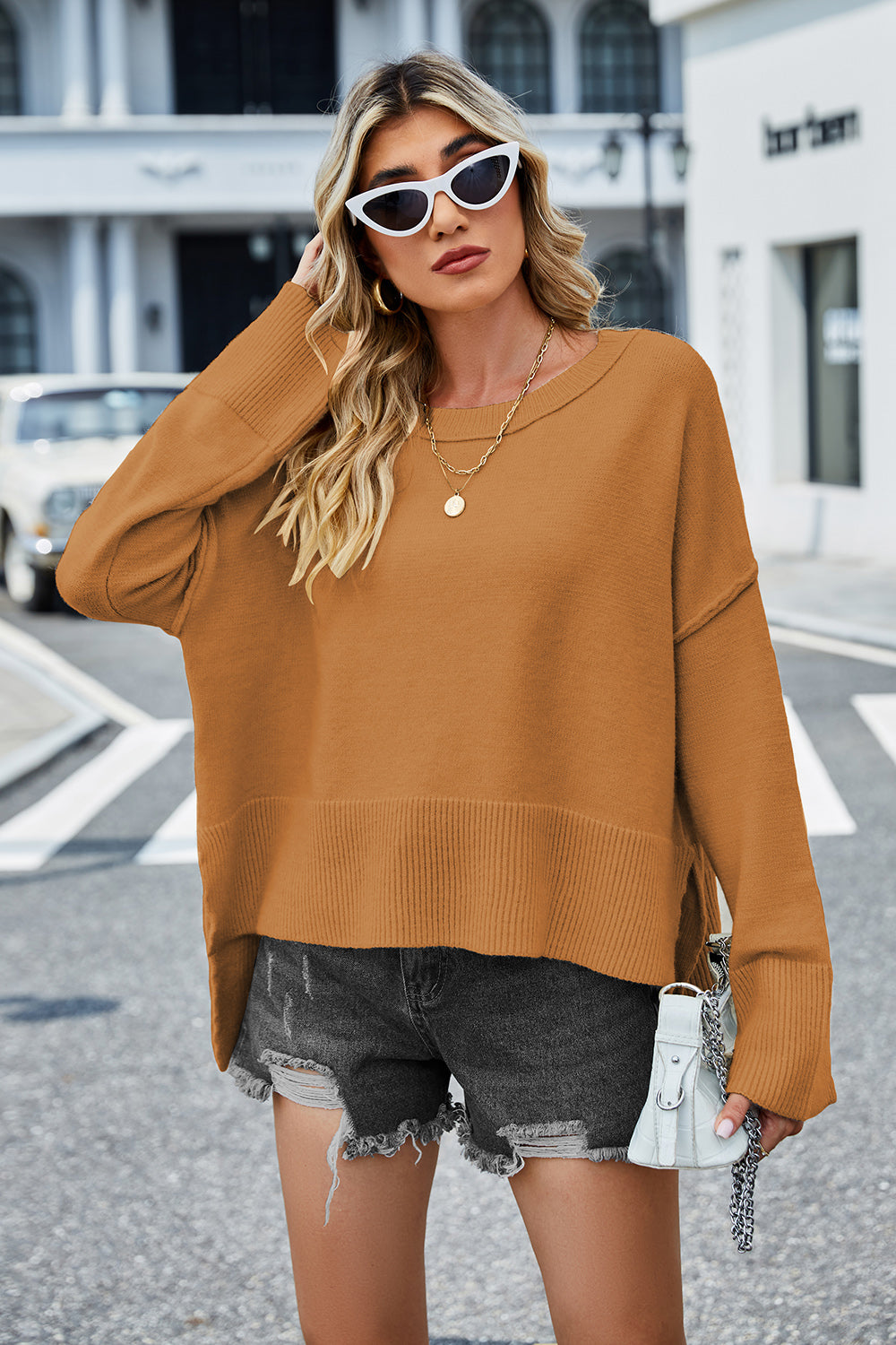 Round Neck Dropped Shoulder Slit Sweater - Fashorio