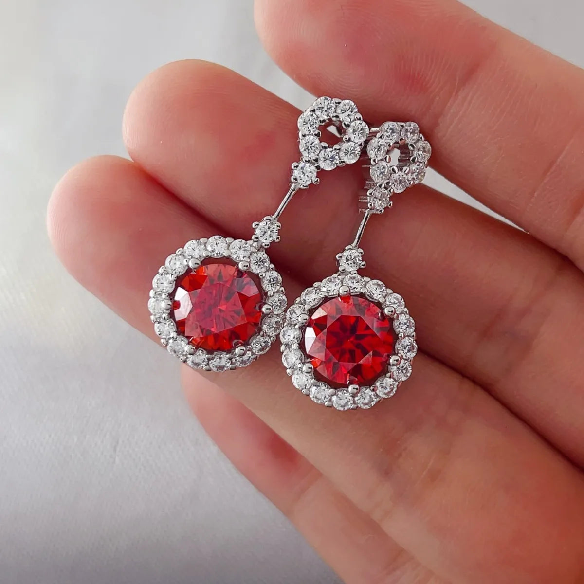 4 Carat Ruby Red Crystal Drop Earrings with Rhinestone Halo - Fashorio