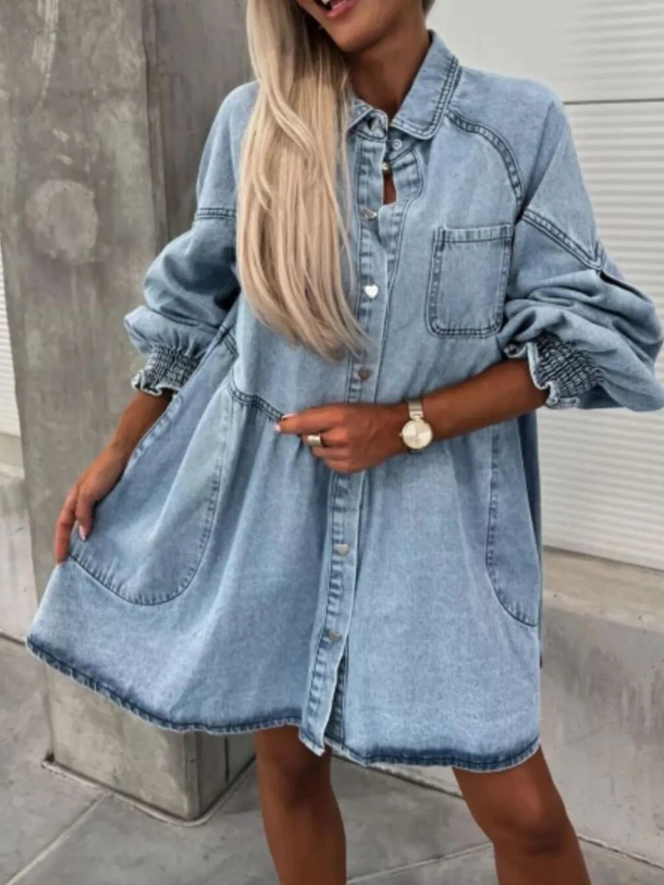 Oversized Long Sleeve Button-Up Denim Dress - Fashorio