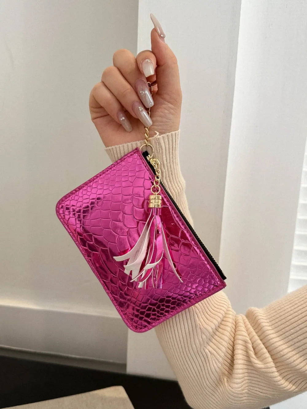 PU Leather Tassel Trim Card Case - Fashorio