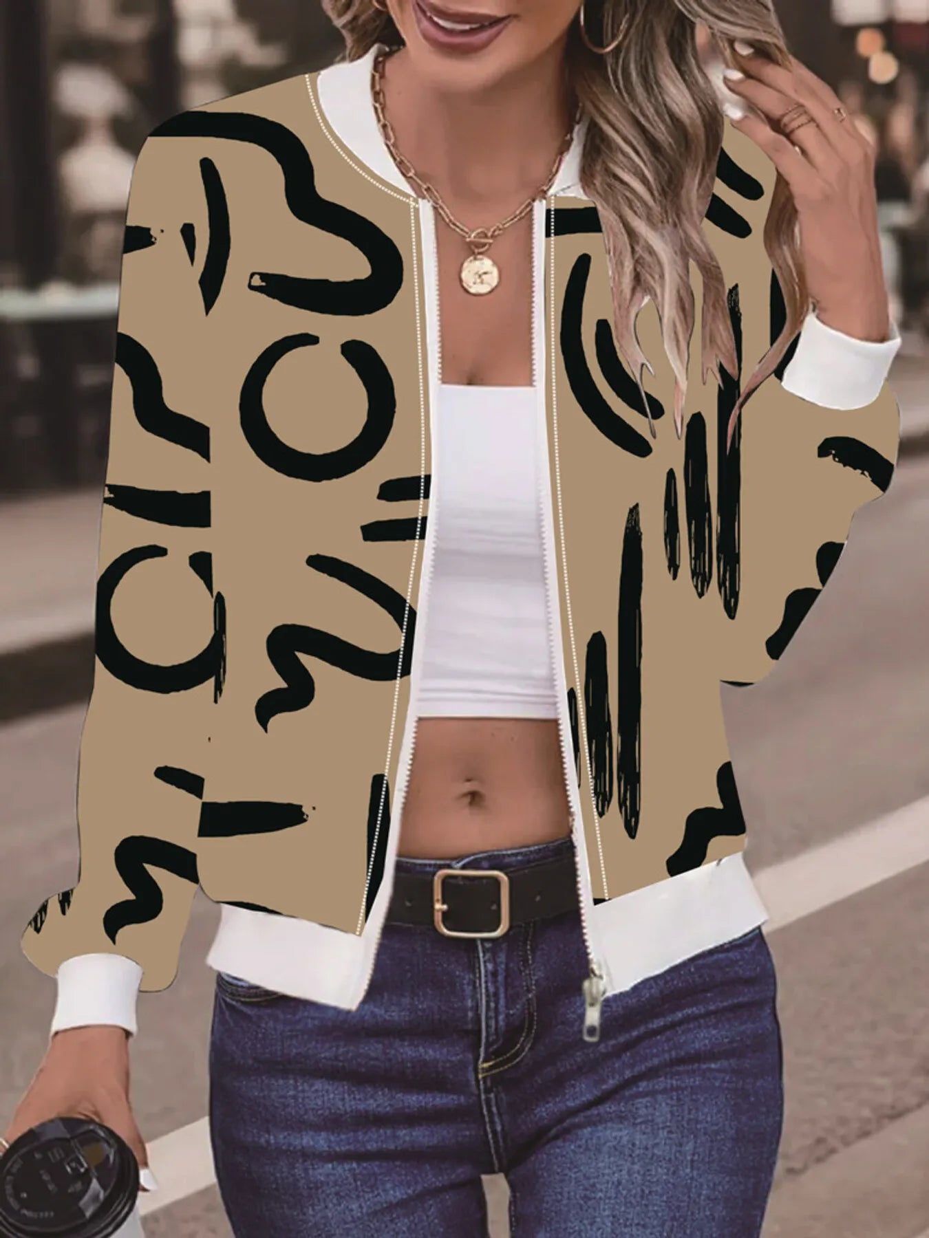 Women’s Number Print Zip Up Long Sleeve Jacket Khaki - Fashorio