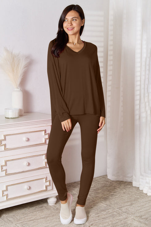 Basic Bae Full Size V-Neck Soft Rayon Long Sleeve Top and Pants Lounge Set - Fashorio